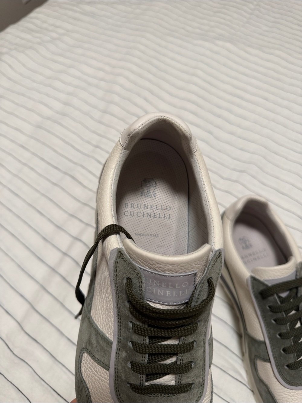 Brunello Cucinelli White & Olive Suede-Trim Men’s Sneakers